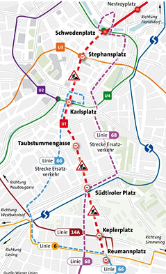 Karte vom Ersatzverkehr der U1