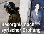 Ein syrischer Soldat vor einer Uhr mit einem Abbild von Präsident Assad