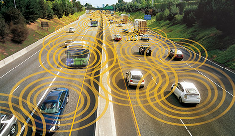 © U.S. Department of Transportation Autos auf einer Straße mit gelben konzentrischen Kreisen gekennzeichnet