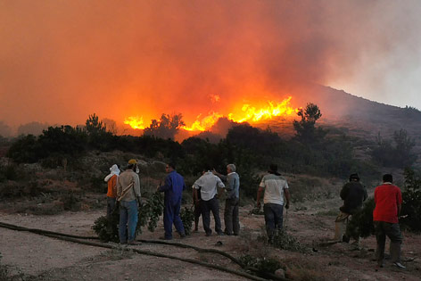 © Reuters/Icon Einwohner der griechischen Insel Chios blicken auf einen in Flammen stehenden Wald