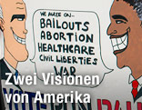 Wahlplakat mit Karikaturen vom Mitt Romney und Barack Obama