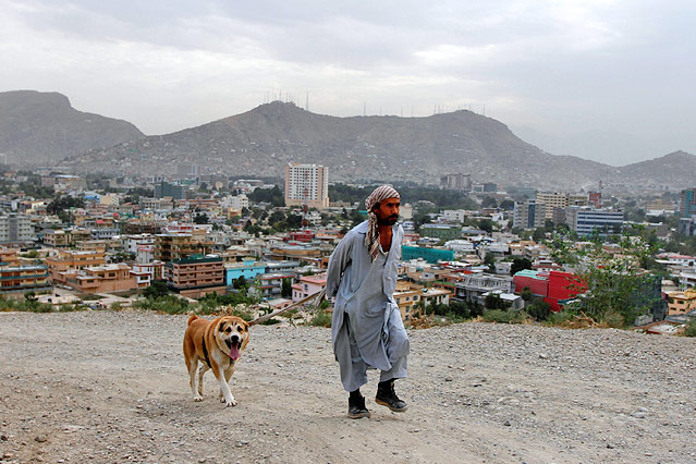 © Reuters/Mohammad Ismail Ein Mann mit Hund spaziert auf einem Hügel mit Blick auf die City von Kabul