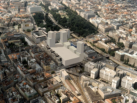 Photomontage der geplanten Überbauung des Bahnhofes Wien-Mitte aus dem Jahr 2000