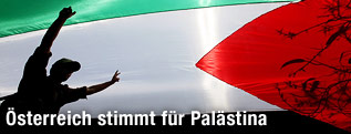 Silhoutte eines jubelden Mannes hinter einer palästinensischen Flagge