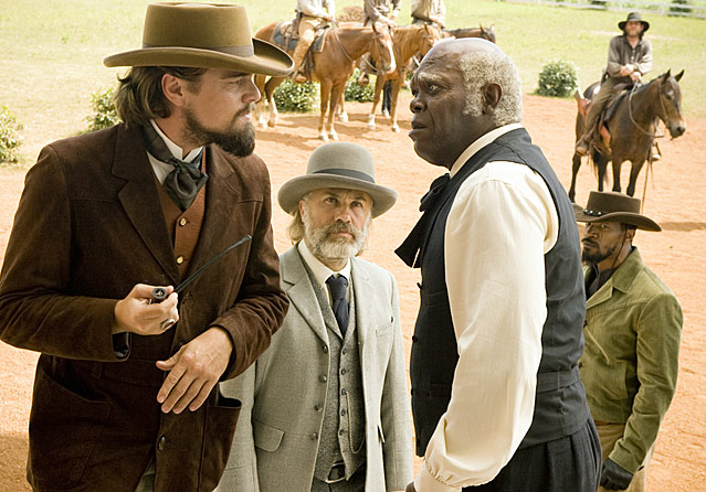 © 2012 Sony Pictures Releasing GmbH Calvin Candie (Leonardo DiCaprio), Dr. King Schultz (Christoph Waltz), Stephen (Samuel L. Jackson) und Jamie Foxx (Django) in "Django Unchained"