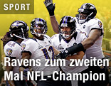 Jubel der Ravens-Spieler Torrey Smith, Jacoby Jones, Joe Flacco und Kelechi Osemele