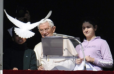 © APA/EPA/Maurizio Brambatti Papst Benedikt XVI sieht während des Angelus-Gebets zur weißen Taube