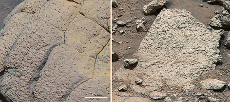 Zwei montierte Bilder zeigen Oberflächen auf dem Mars