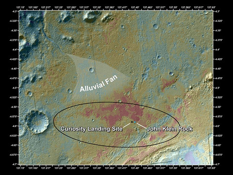 Eine Farbwertkarte zeigt den Bereich der Landung von Marsroboter Curiosity
