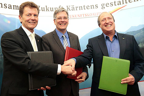 ÖVP-Landesrat Wolfgang Waldner, der designierte Landeshauptmann von Kärnten Peter Kaiser und der künftige Grün-Landesrat Rolf Holub