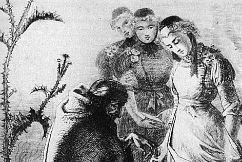 © Public Domain Gemälde von Ludwig Emil Grimm "Die alte Zigeunerin Lore aus Ungedanken liest einem Mädchen aus der Hand"
