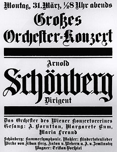 Plakat aus dem Jahr 1913 zu einem Orchesterkonzert im Wiener Musikverein mit Arnold Schönberg als Dirigenten