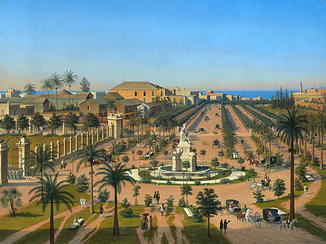 Ansicht der Hauptpromenade Paseo Isabel Segunda in Havanna, 1854, von Hubert Sattler