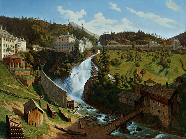 „Das Wildbad Gastein mit seinem herrlichen Wasserfall“, um 1834 von Hubert Sattler