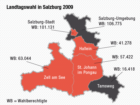 © APA/ORF.at Grafik zeigt die politischen Bezirke Salzburgs und die Anzahl der Wahlberechtigten