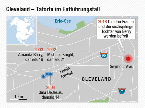 © APA/ORF.at Grafik zeigt den Ort in Cleveland, an dem die Frauen gefunden wurden