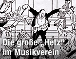Eine Karikatur zeigt Arnold Schönberg als Dirigenten und Aufruhr unter Musikern und Zuschauern