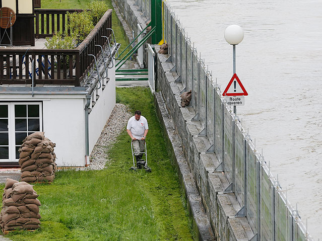 © Reuters/Leonhard Foeger Mann mährt den Rasen hinter einem Hochwasserschutzdamm