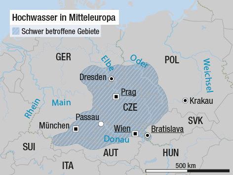 © APA/ORF.at Europa-Karte zeigt die vom Hochwasser betroffenen Gebiete