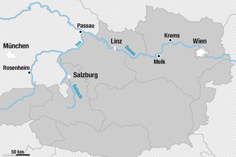 Karte mit Städten in Hochwassergebieten entlang Donau, Inn und Salzach