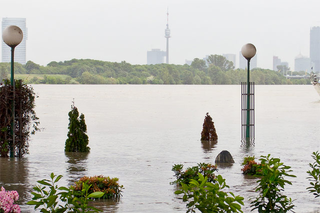 Überfluteter Treppelweg in Klosterneuburg mit Blick auf die Donaucity in Wien