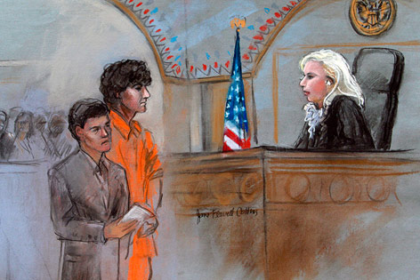© APA/AP/Jane Flavell Collins Gerichtszeichung zeigt den Angeklagten Dzhokhar Tsarnaev