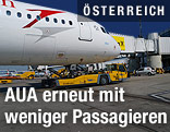Flugzeug der Austrian Airlines an der Fluggastbrücke