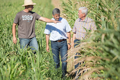 © APA/Jakob Glaser/ÖVP Vizekanzler Michael Spindelegger und Bauernbund-Präsident Jakob Auer unterhalten sich mit einem Bauern in einem Feld