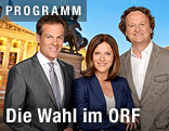 Tarek Leitner, Ingrid Thurnher und Hanno Settele vor dem Parlament