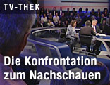 Werner Faymann (SP&Ouml;) und Josef Bucher (BZ&Ouml;) im ORF-TV-Duell mit Moderatorin Ingrid Thurnher