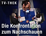 Der Spitzenkandidat der SP&Ouml;, Werner Faymann, und die Spitzenkandidatin der Gr&uuml;nen, Eva Glawischnig, mit Moderatorin Ingrid Thurnher bei der ORF-Konfrontation