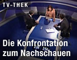Die Spitzenkandidaten Michael Spindelegger (&Ouml;VP) und Heinz-Christian Strache (FP&Ouml;) mit ORF-Moderatorin  Ingrid Thurnher