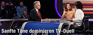 Der Spitzenkandidat der SP&Ouml;, Werner Faymann, und die Spitzenkandidatin der Gr&uuml;nen, Eva Glawischnig, mit Moderatorin Ingrid Thurnher bei der ORF-Konfrontation