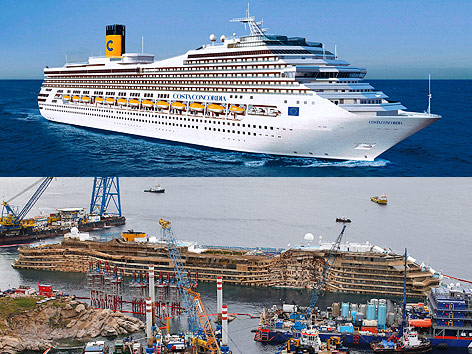 © APA/EPA/ANSA; Reuters/Tony Gentile (Montage) Kombination eines Archivbilds der unzerstörten "Costa Concordia" mit dem aufgerichteten Wrack des Kreuzfahrtschiffs