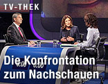 Gr&uuml;nen-Chefin Eva Glawischnig, &Ouml;VP-Spitzenkandidat Michael Spindelegger mit ORF-Moderatorin Ingrid Thurnher