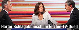 ORF-Moderatorin Ingrid Thurnher mit den Spitzenkandidaten Werner Faymann (SP&Ouml;) und Michael Spindelegger (&Ouml;VP)