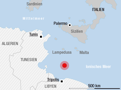 Karte zeigt die Stelle des gekenterten Flüchtlingsboot südlich von Lampedusa