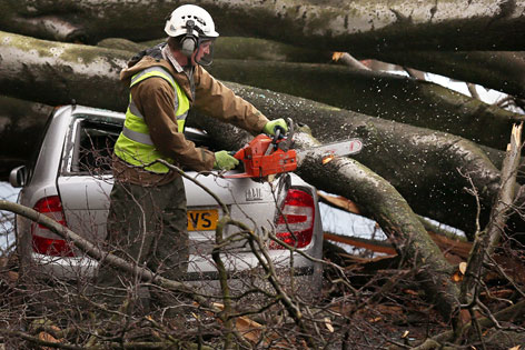 © APA/EPA/David Cheskin Rettungkraft mit Motorsäge