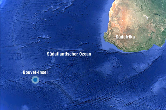 © Google Earth; ORF.at (Montage) Landkarte zeigt die Bouvet-Insel im Südatlantik und die Spitze von Südafrika
