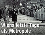 Vorbeimarsch eines ungarischen Infanterieregiments an Kaiser Franz Josef I. auf der Ringstrasse in Wien anlässlich der Hundertjahrfeier der Völkerschlacht bei Leipzig, 1913