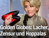 Schauspielerin Emma Thompson mit Cocktail und Schuhen