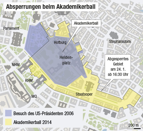 © APA/ORF.at Grafik der Absperrungszonen um die Wiener Hofburg
