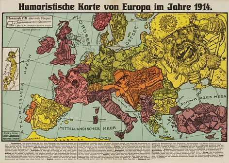© wienbibliothek.at Karikaturistische Weltkarte aus dem Jahr 1914