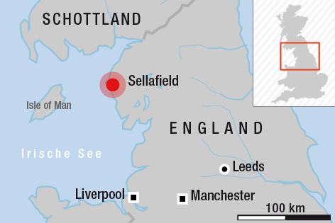 © APA/ORF.at Landkarte zeigt den Standort des Atomkraftwerks Sellafield in England