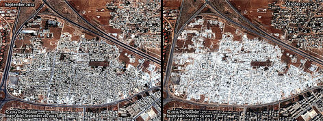 © 2014 DigitalGlobe (Montage) Bilder zeigen einen Vorher-Nachher-Vergleich des Orts Hama