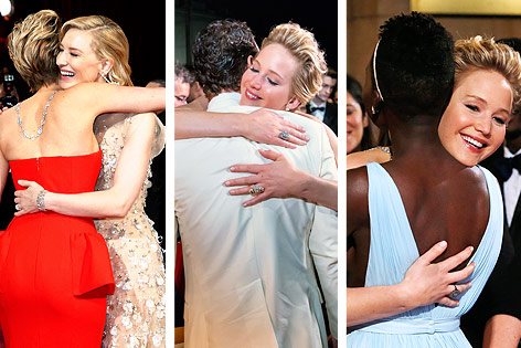© APA/EPA/Richard Harbaugh; Reuters/Adrees Latif (Montage) Bildkombo zeigt Schauspielerin Jennifer Lawrence beim Umarmen von Cate Blanchett, Matthew McConaughey und Lupita Nyong'o