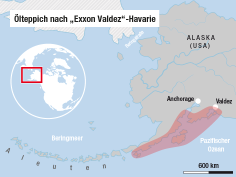 Grafik des Ölteppichs nach der "Exxon Valdez"-Havarie