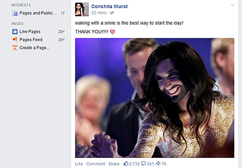 © Screenshot Facebook.com Screenshot von Conchitas Facebook-Auftritt mit Foto von Conchita Wurst