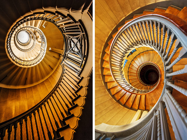 Zwei Fotos zeigen den Blick nach oben und nach unten in einem spiralförmigen Stiegenhaus