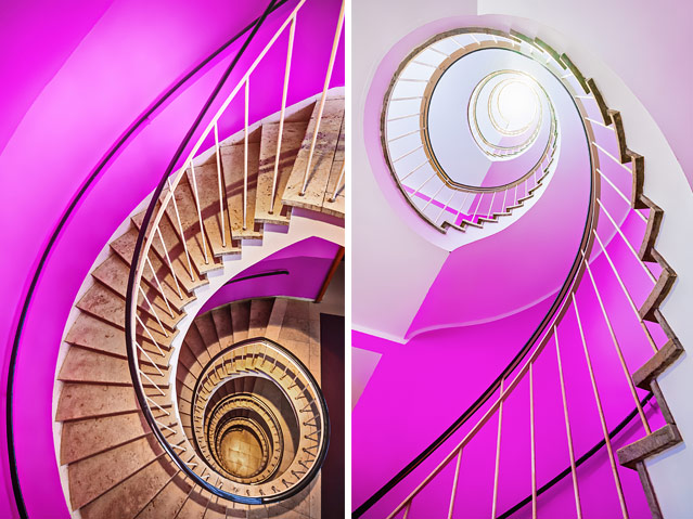 Zwei Fotos zeigen den Blick nach oben und nach unten in einem spiralförmigen Stiegenhaus